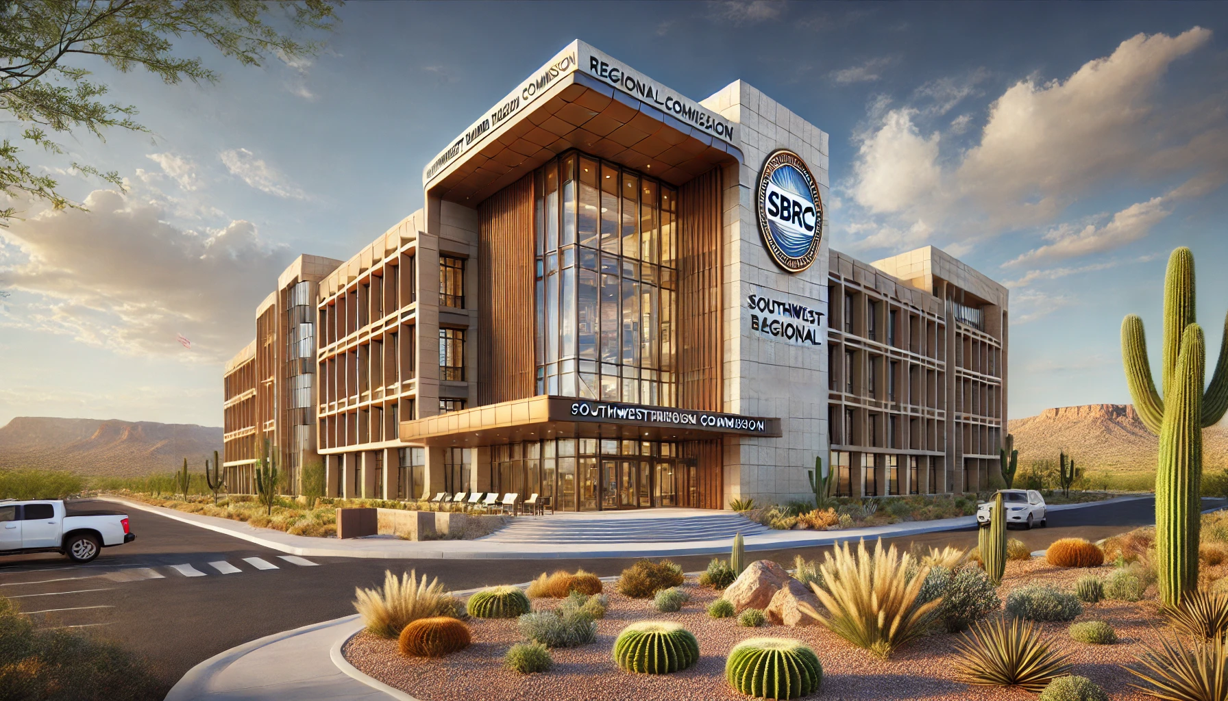 DALL·E 2024-12-09 15.52.14 – A modern government building designed for the Southwest Border Regional Commission (SBRC), showcasing a clean and functional architectural style. The