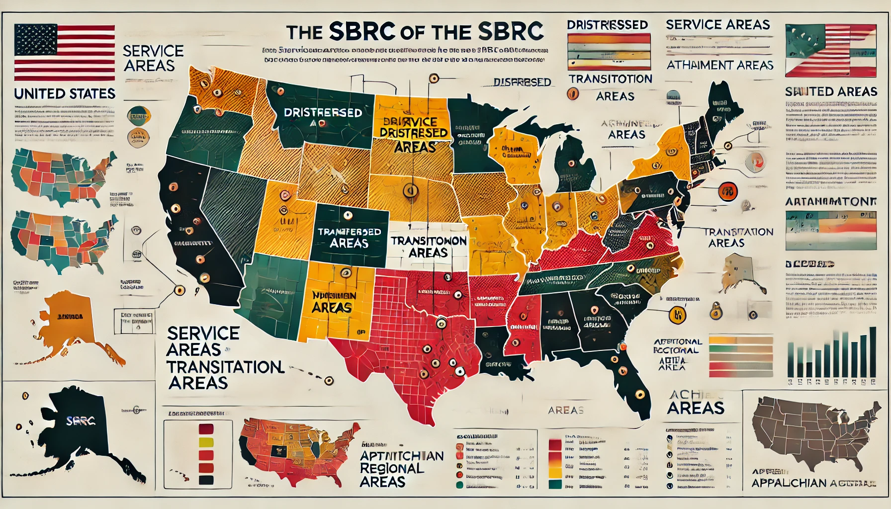 DALL·E 2024-12-11 11.19.04 – A professional infographic-style map of the United States showcasing the service areas of the SBRC. The map highlights counties with distinct color co