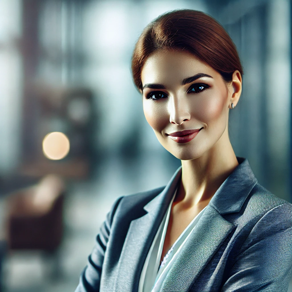 DALL·E 2024-12-18 13.34.05 – A professional team member portrait of Linda Willis. She is a business professional with a confident and friendly demeanor. The setting is a modern of
